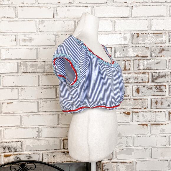 J. Crew Womens Blue and Red Seersucker Rickrack Off Shoulder Bikini Top L - Picture 5 of 9